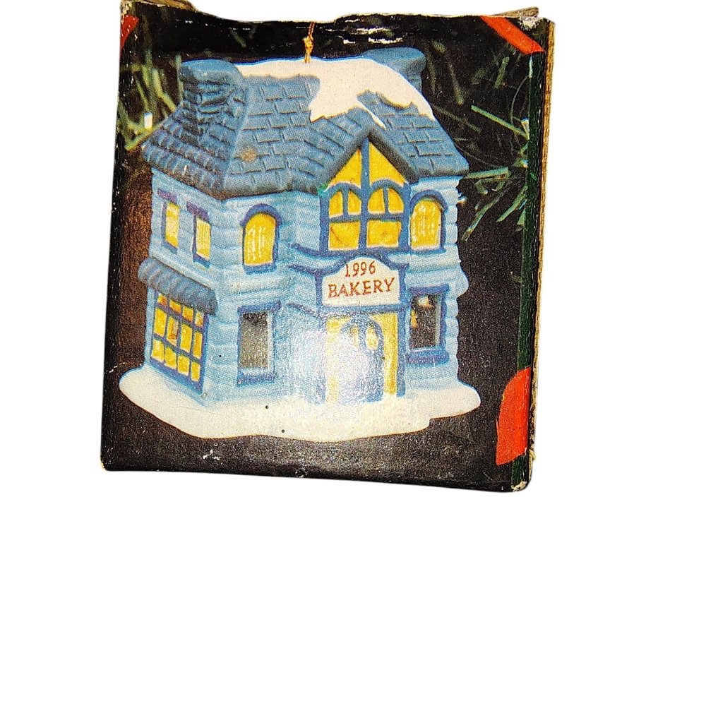 Vintage Badcock's Porcelain Bell Blue and Yellow Bakery Ornament with Box